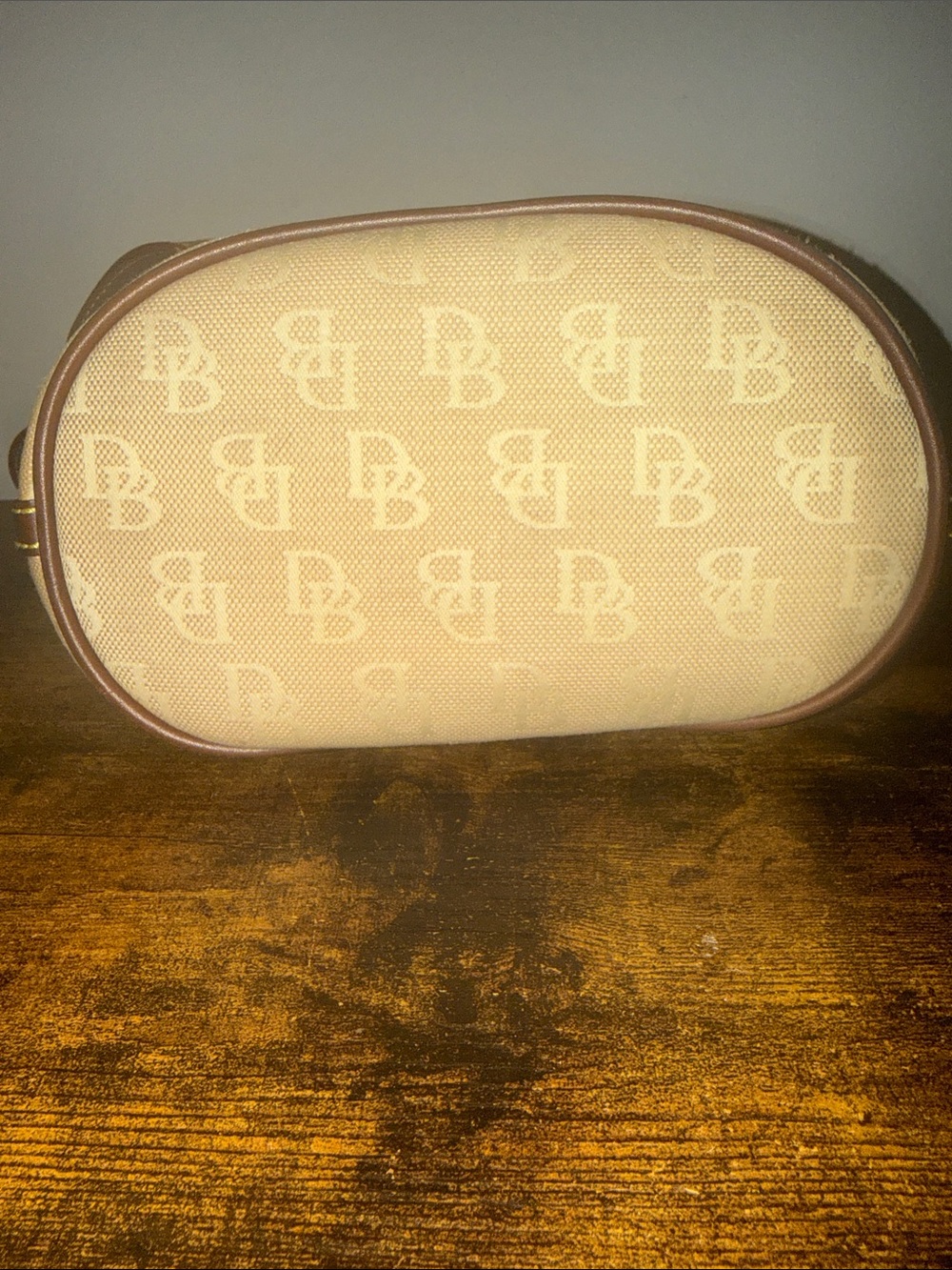 Dooney and Bourke Beige Canvas Bucket Tote with Brown Leather Trim - Picture 5 of 8